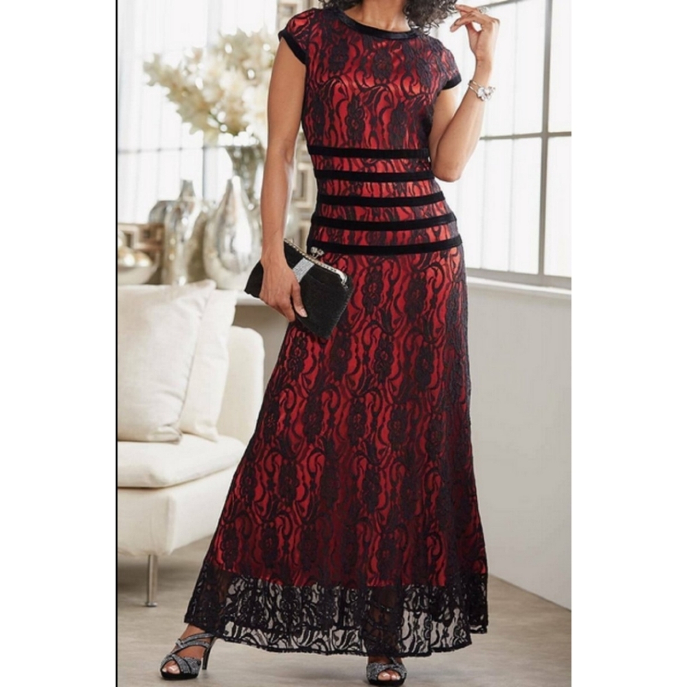 Ashro Red Black Floral Lace Velvet Whimsigoth Romantic Christmas  Maxi Dress 14